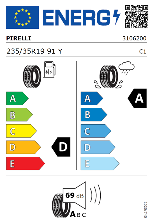 Tyre Label for Pirelli P Zero (PZ4) Sport Car 235/35R19 91Y