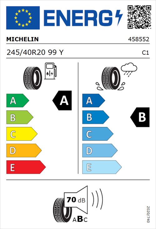 Tyre Label for Michelin e.primacy 245/40R20 99Y