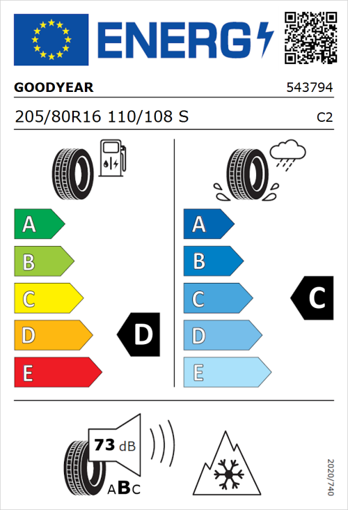 Tyre Label for Goodyear Wrangler AT/SA 205/80R16 110/108S